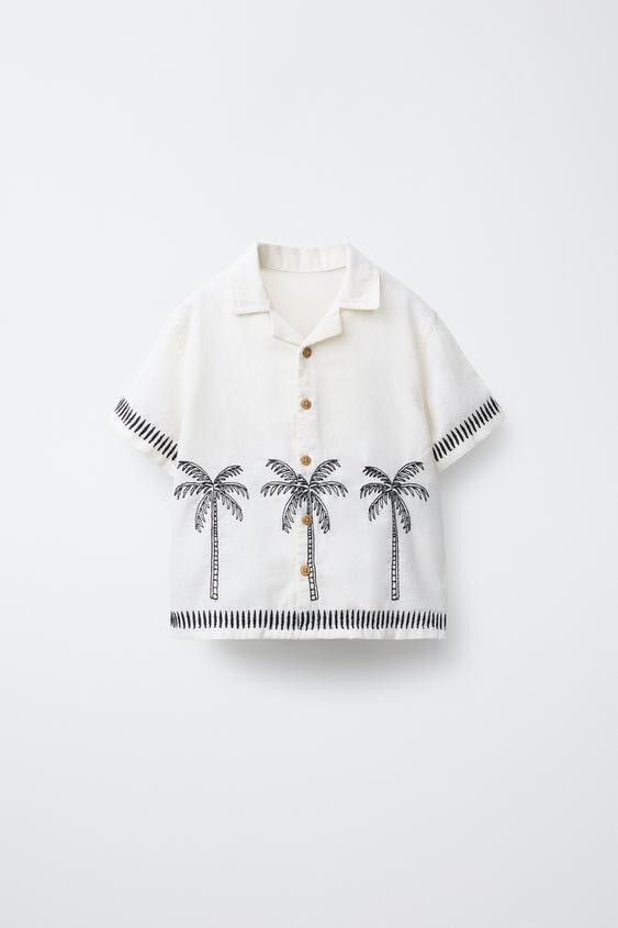EMBROIDERED COTTON LINEN PALM TREE SHIRT | Zara US