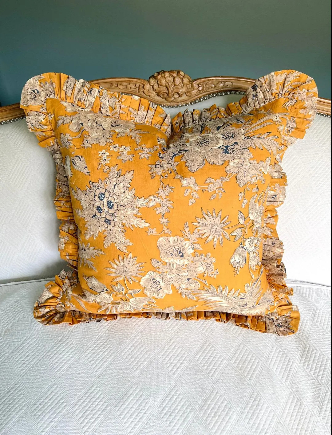 Marigold Yellow Floral Toile Pillow Cover With Ruffle Trim - Etsy | Etsy (US)