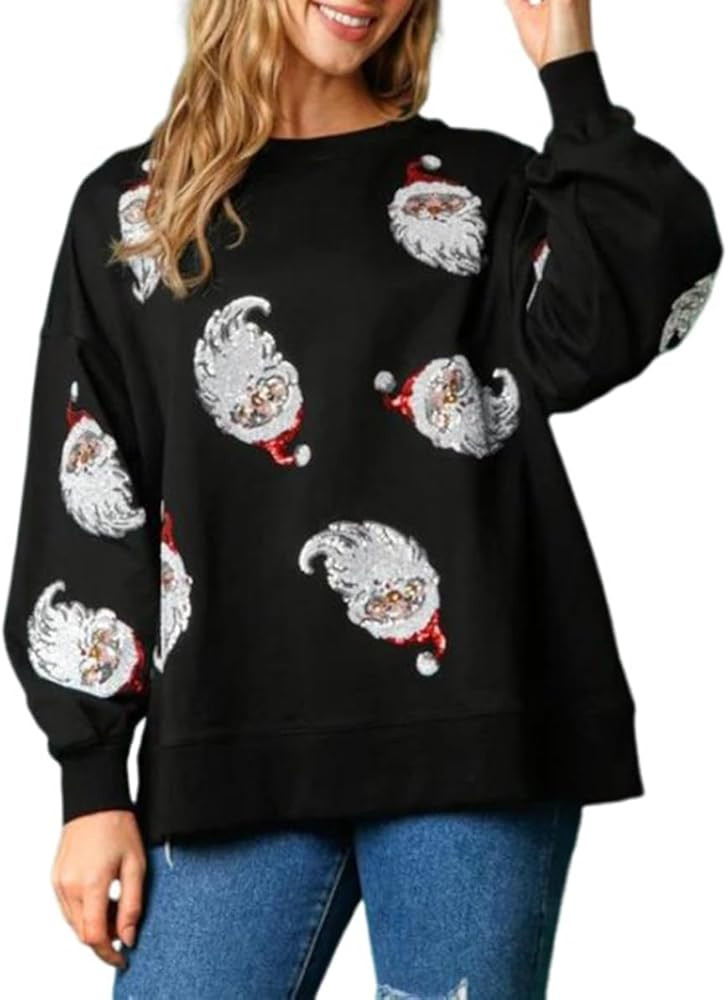 Melliflo Sequin Christmas Sweatshirt for Women Sparkly Santa Claus Pullover Tops Crewneck Long Sl... | Amazon (US)
