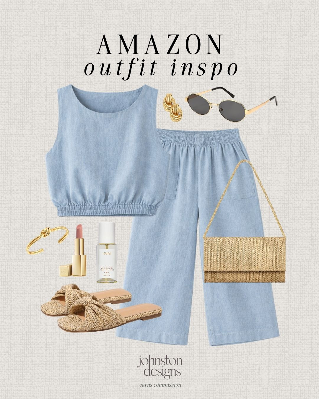 Amazon outfit inspo featuring a light blue linen matching set with a cropped tank and wide leg pants, styled with woven sandals, a straw clutch, gold jewelry and sunglasses for an effortless coastal summer look! Perfect for vacation, brunch or everyday wear. ☀️

#amazonfashion #outfitinspo #summeroutfits #coastalstyle #linenoutfit #neutralstyle #amazonfinds #vacationoutfits #effortlessstyle #ltkstyle 

 #LTKootd #LTKSeasonal