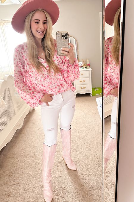 Spring outfit. Spring OOTD. Outfit of the day. Pink Lack of Colour hat. Pink hat. Pink floral print blouse from Amazon. Amazon find! White skinny jeans from Abercrombie and Fitch. Pink and white snakeskin boots from Goodnight Macaron. Spring fashion. Spring style. 

#LTKshoecrush #LTKstyletip #LTKSeasonal