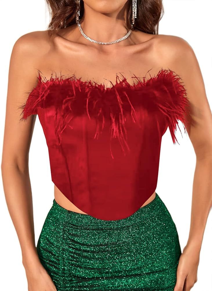 LovelyWholesale Women's Feather Trim Corset Bustier Crop Top Asymmetrical Hem Tube Tops | Amazon (US)