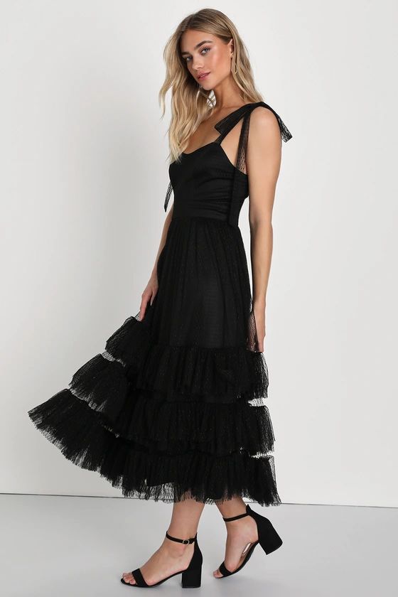 Captivating Aesthetic Black Mesh Swiss Dot Tie-Strap Midi Dress | Lulus (US)