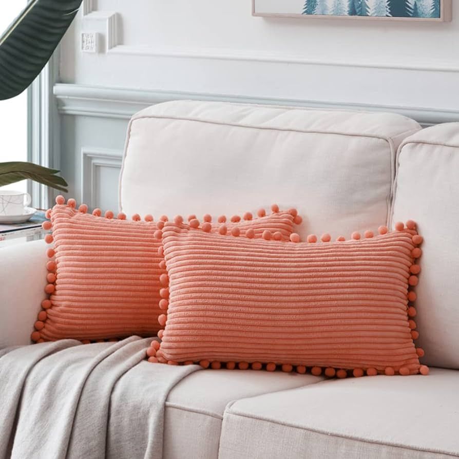 Fancy Homi Pack of 2 Coral Decorative Throw Pillow Covers 12x20 Inch with Pom-poms for Living Roo... | Amazon (US)