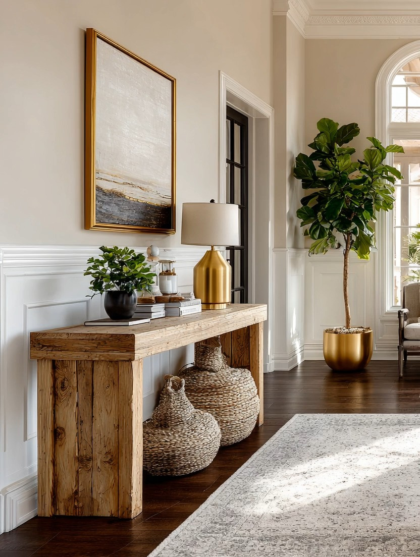 A statement lamp is the easiest way to elevate a console table — instantly. This look proves that console table styling doesn’t need clutter: a warm gold table lamp, a natural wood console, a few stacked coffee table books, and a gold planter with greenery create effortless, hotel-level elegance.

This is modern classic home décor done right — warm, layered, and timeless. Perfect for an entryway, hallway, or living room wall, this setup brings quiet luxury, balance, and polish without overdecorating.

#ConsoleTableDecor #ConsoleTableStyling #LuxuryHomeDecor #GoldLamp #StatementLamp #ModernClassicDecor #EntrywayDecor #HallwayDecor #InteriorStyling #TimelessHome #QuietLuxury #NeutralHomeDecor #HomeDecorInspo #ElevatedInteriors 

 #LTKHome