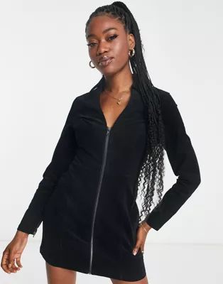 ASOS DESIGN cord zip through mini dress in black | ASOS (Global)