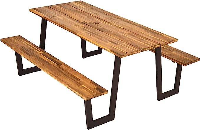Tangkula Picnic Table with 2 Benches, Outdoor Acacia Wood Picnic Table Bench Set with 2-Inch Umbr... | Amazon (US)
