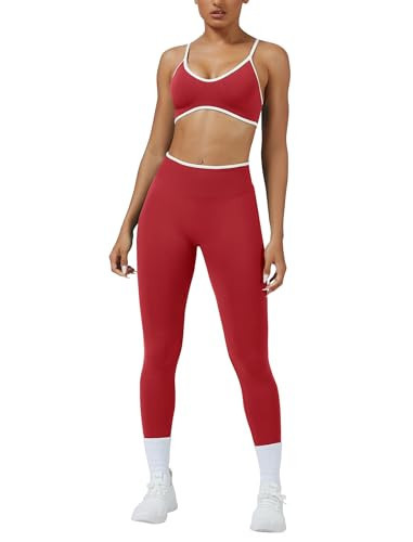 ABOCIW Workout Sets for Women Seamless Color Block Sports Bra Hidden Scrunch High Waist Leggings 2 Piece Gym Yoga Active Wear Pilates Outfits Athletic Work Out Clothes Red Large | Amazon (US)