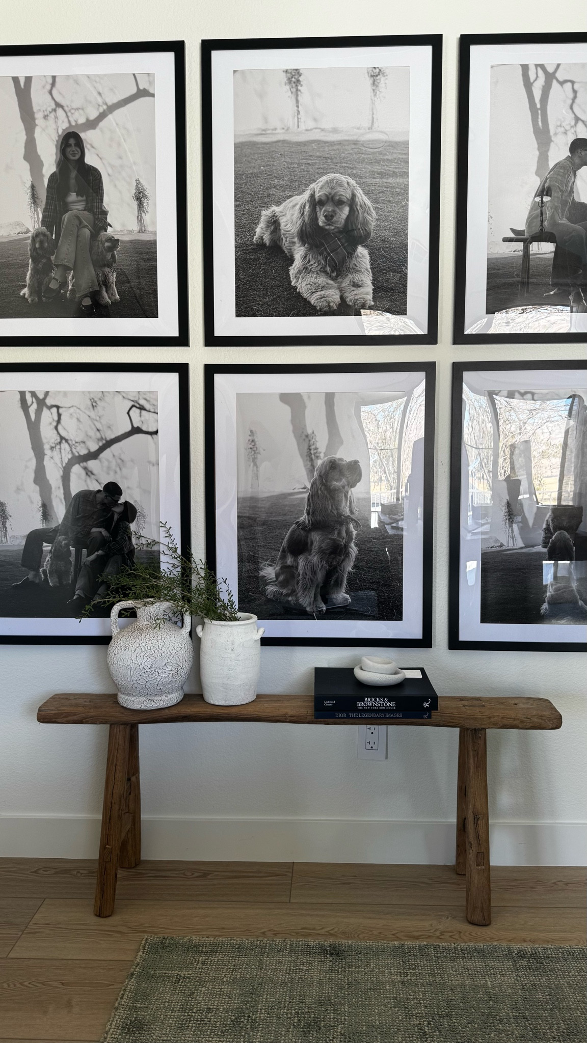 Frames - exact (order pictures at a local print store)
Bench - exact
Books - exact
Faux plant - exact 
Pots - TJ Maxx 