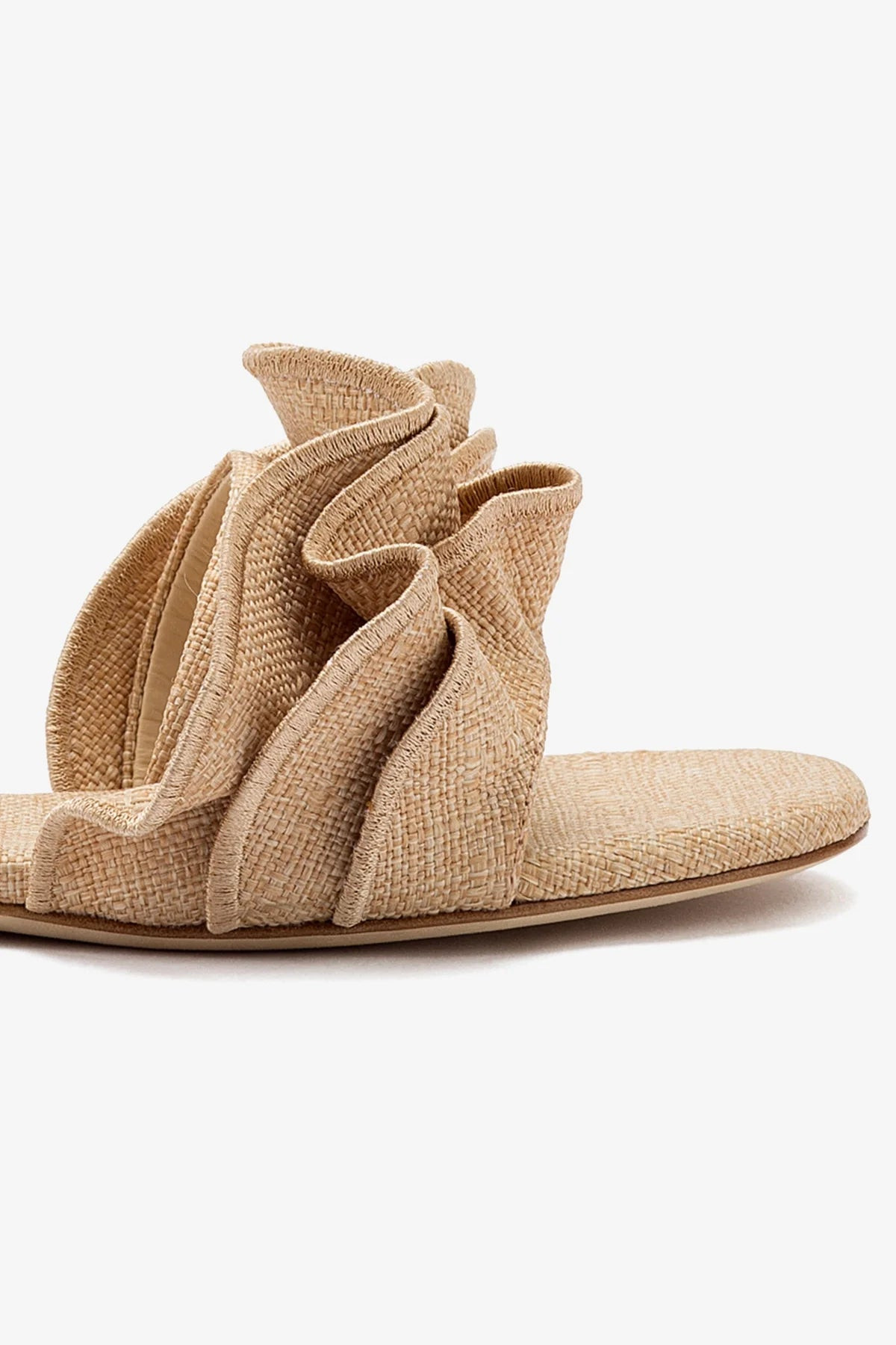 Ivy Ruffle Flat Mule In Beige Raffia | Larroude
