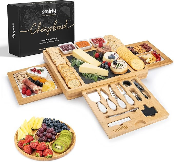 SMIRLY Bamboo Cheese Board and Knife Set: Extra Large Charcuterie Board Set - Wooden Cheese Board... | Amazon (US)