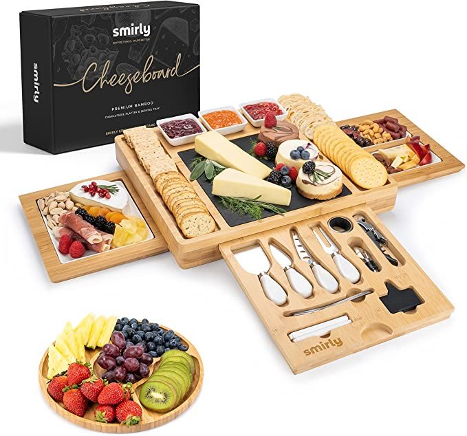 SMIRLY Bamboo Cheese Board and Knife Set: Extra Large Charcuterie Board Set - Wooden Cheese Board... | Amazon (US)