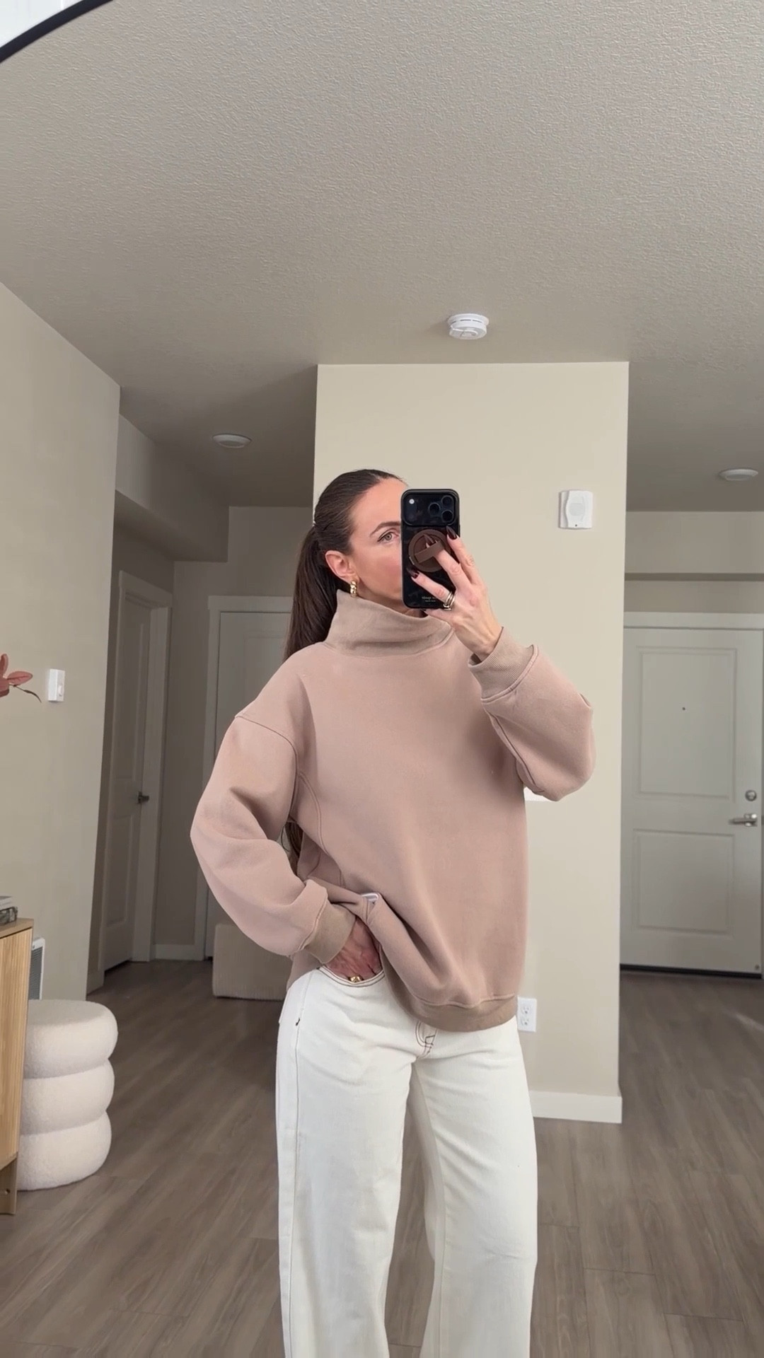 funnel neck sweater.  i'm 5'7 and wearing medium 

got it in four colors to try on .  many more colors available #funnelnecksweater #mocksweater #oversizedsweater