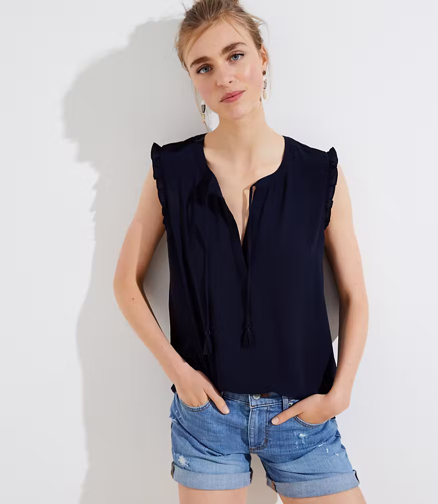 Ruffle Tie Neck Mixed Media Shell | LOFT