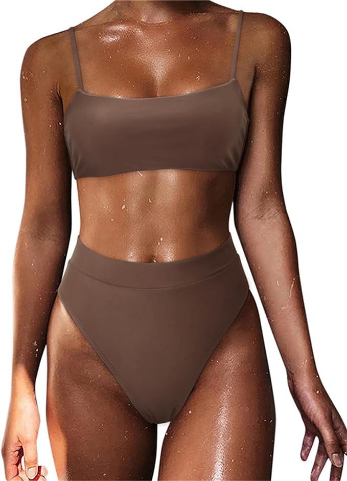 MOSHENGQI Women High Wasited Bikini Shoulder Strap 2 Piece High Cut String Swimsuits | Amazon (US)
