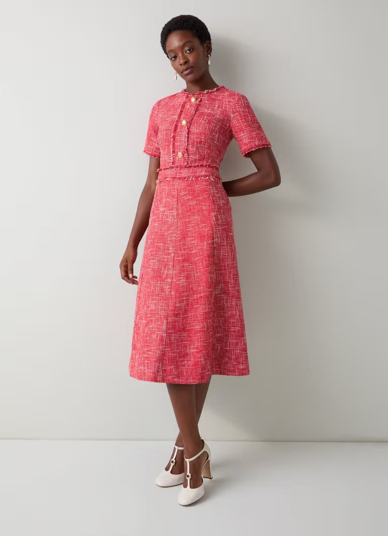 Julia Red Cream Tweed Check Gold Button Dress | L.K. Bennett (UK)