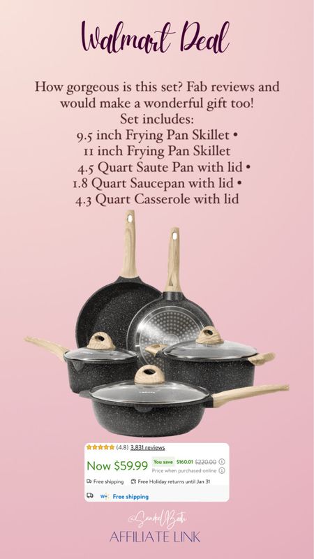 How fab is this cookware? It includes the following: 

9.5 inch Frying Pan Skillet •     
 11 inch Frying Pan Skillet   4.5 Quart Saute Pan with lid •     1.8 Quart Saucepan with lid •     4.3 Quart Casserole with lid

#LTKGiftGuide #LTKsalealert #LTKhome