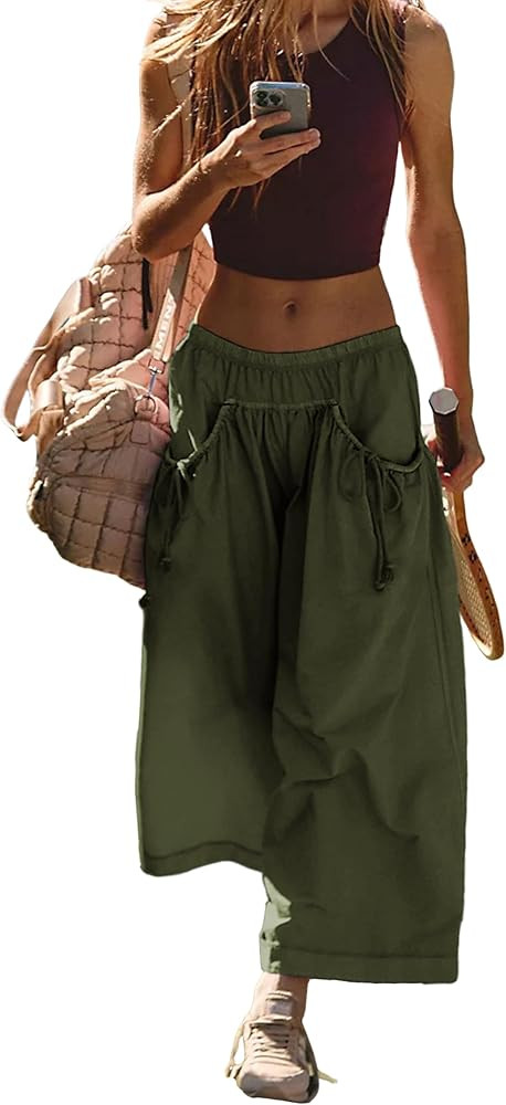 Hooever Women's Loose Wide Leg Track Pants Drawstring Pockets Elastic Waist Capri Hiking Pants | Amazon (US)