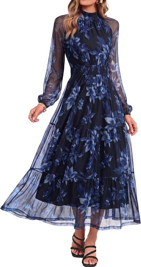 Simplee Womens Floral Wedding Guest Maxi Dress Flowy Mesh Fall Dress | Amazon (US)