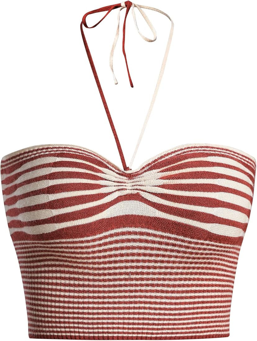 SweatyRocks Women's Striped Tie Backless Halter Top Sleeveless Knitted Crop Cami Tank | Amazon (US)