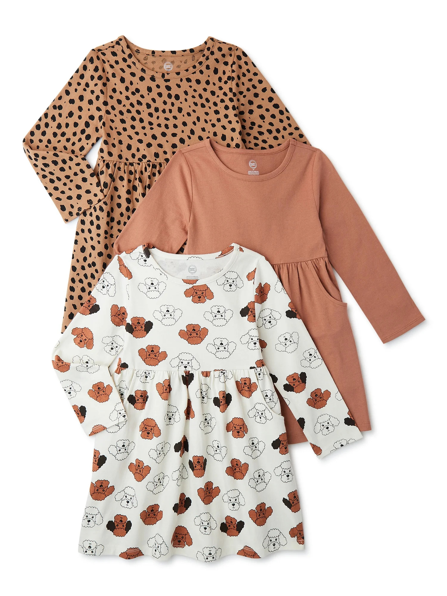 Wonder Nation Baby and Toddler Girls' Long Sleeve Dress with Pockets, 3 Pack - Walmart.com | Walmart (US)