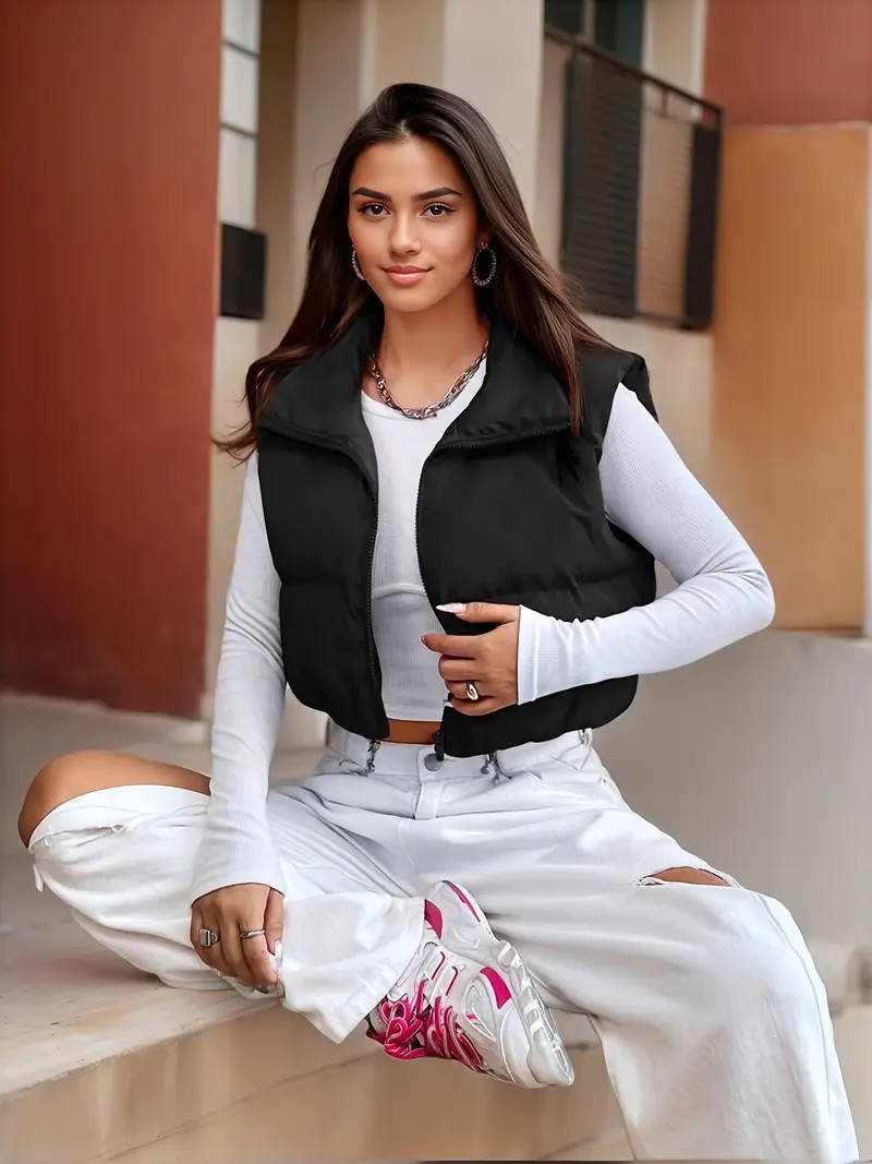 Solid Zip Up Cotton padded Jacket Coat Casual Sleeveless - Temu | Temu Affiliate Program