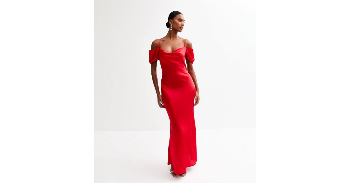 Red Satin Bardot Midi Dress | New Look | New Look (UK)