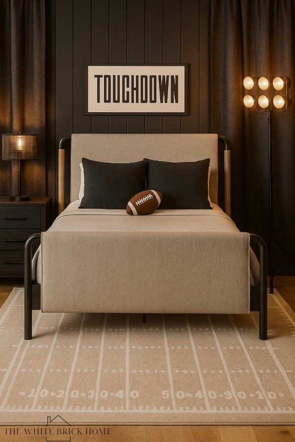 A moody, football inspired bedroom for a kiddo! I bought this rug for my son’s room, and he absolutely loves it! This “touchdown” wall art from Etsy is another popular fav, perfect for above a bed or dresser. 

🖤🖤🖤

Boys room, boys bedroom, kids room, kids bedroom, teen boy, teen boy bedroom. Teen bedroom decor, teen room design, boys room football, football bedroom, boys room bed, boys room bedding, boys room wall art, boys room curtains, boys room lighting, boys room decor, boys room rug, football bedroom, football room, football ideas, boys room decor, boys room finds, moody bedroom, pottery barn teen, Wayfair, etsy 


#LTKStyleTip #LTKSeasonal #LTKHome