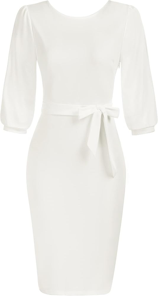Women Vintage 3/4 Sleeve Wear to Work Pencil Dress Solid Bodycon Elegant Cocktail Dress with Belt | Amazon (US)