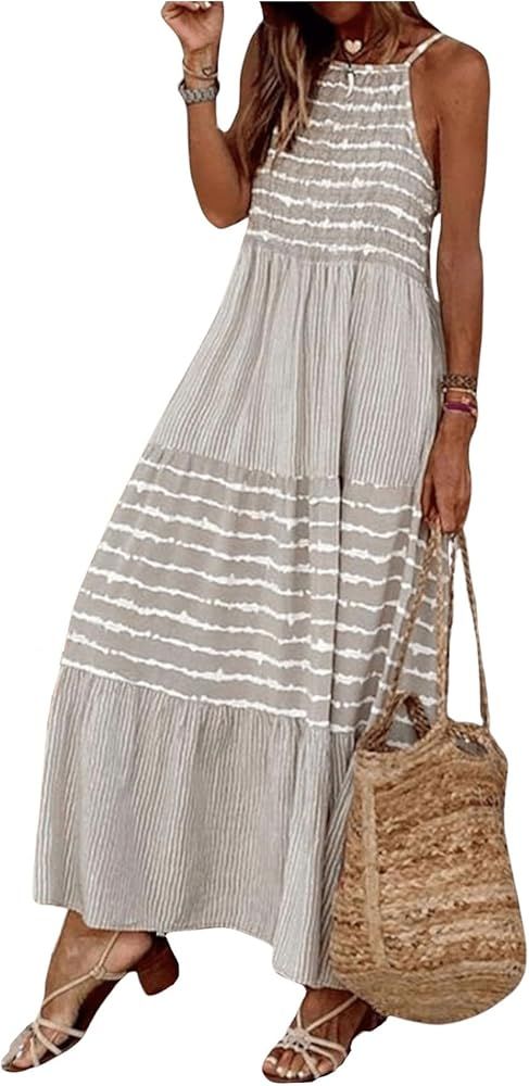 SOLY HUX Women's Summer Striped Cami Dress Ruffle Hem Spaghetti Strap Long Dresses | Amazon (US)