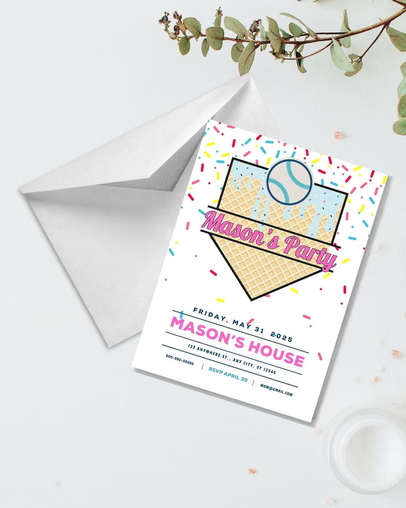 Customizable Sprinkles Waffle Cone Baseball Birthday Invitation: Sprinkles Ice Cream Drip Design,... | Etsy (US)