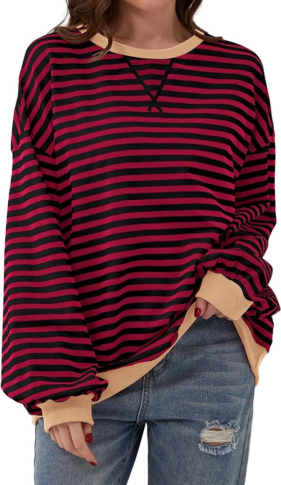 Women Oversized Striped Color Block Long Sleeve Crew Neck Sweatshirt Casual Loose Pullover Y2K Sh... | Amazon (US)