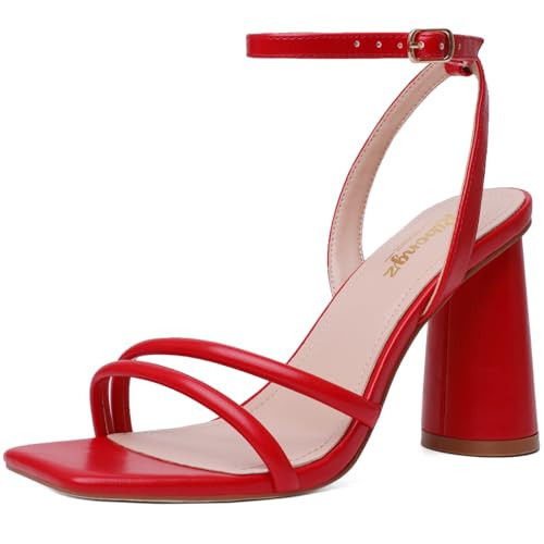 RIBONGZ Red Strappy High Heels for Women Heeled Sandals Square Open Toe Ankle Strap Chunky Wedding Bridal Prom Shoes Block High Heels for Party Dress 10.5 | Amazon (US)