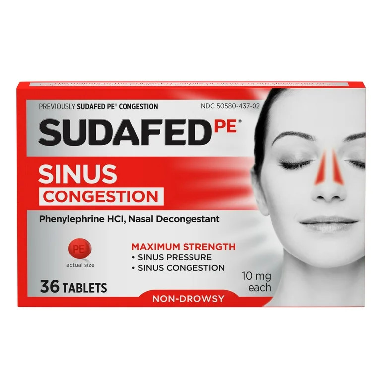 Sudafed PE Max Strength Non-Drowsy Sinus Decongestant Tablets, 36 Count | Walmart (US)