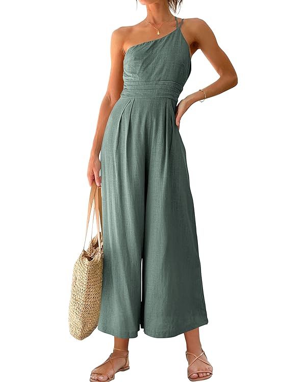 ANRABESS Women's Summer Straps One Shoulder High Waist Casual Wide Leg Linen Jumpsuit Romper with... | Amazon (US)