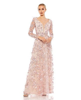 MAC DUGGAL Women's Floral Applique Long Sleeve Illusion Gown - Macy's | Macys (US)