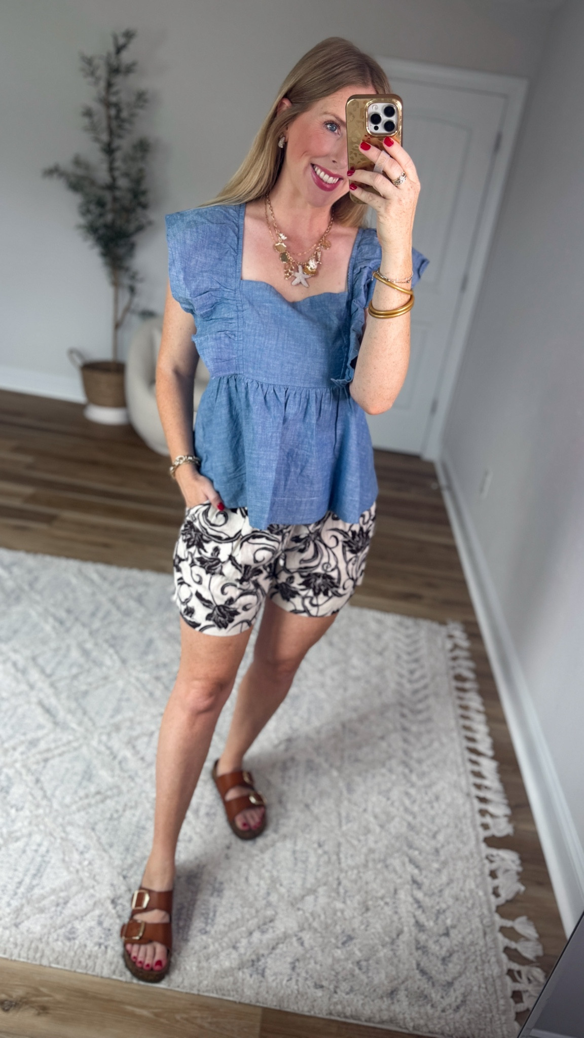 Walmart try on, time and tru, Walmart style, Walmart fashion, linen shorts, chambray ruffle top

#LTKootd