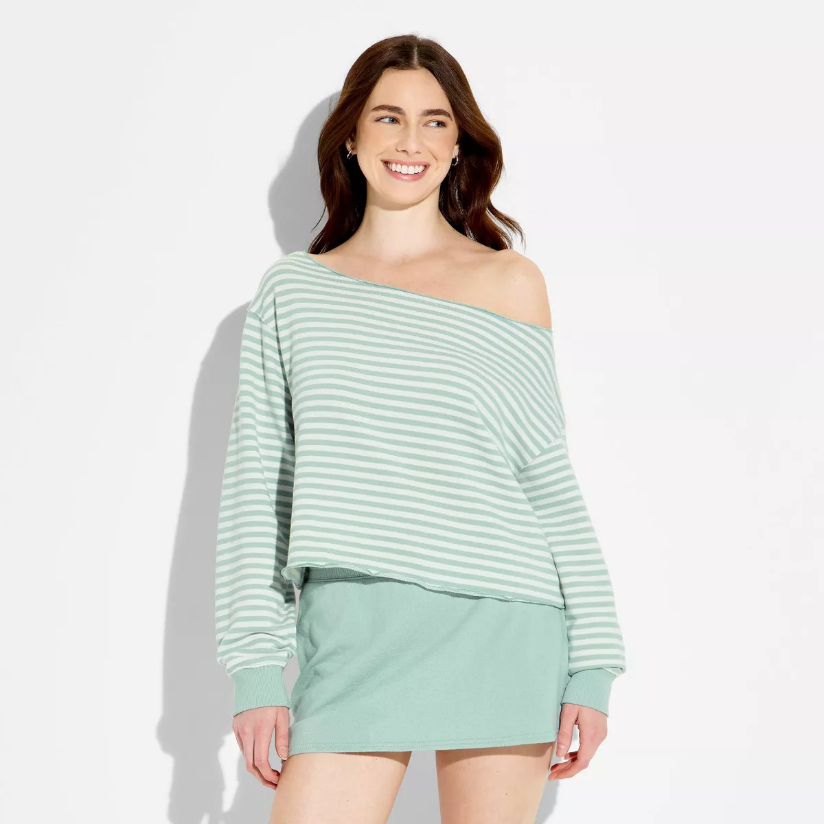 Women's Off the Shoulder Pullover Sweatshirt - Wild Fable™ Aqua Green Striped S | Target