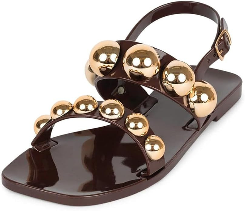 Jelly Slingback Flats for Women Studded Clear Square Open Toe Slip on Sandals Summer Beach Flip F... | Amazon (US)