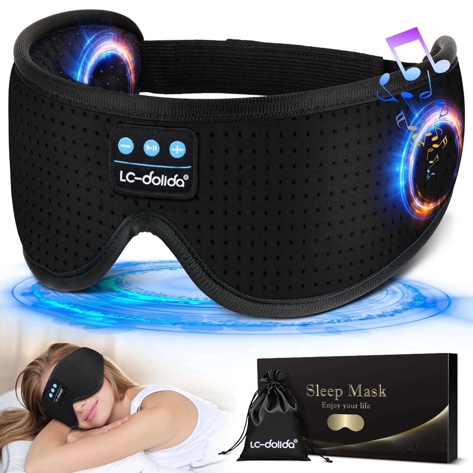LC-dolida Sleep Headphones, White Noise Bluetooth Sleep Mask 3D Wireless Eye Mask Sleeping with Timing, Sleep Mask with Bluetooth Headphones for Side Sleepers Travel Yoga, Cool Gifts Men Women | Amazon (US)