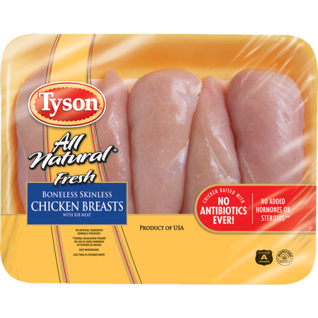 Tyson® All Natural* Boneless Skinless Chicken Breasts, 2.5 - 4.0 lb | Walmart Online Grocery