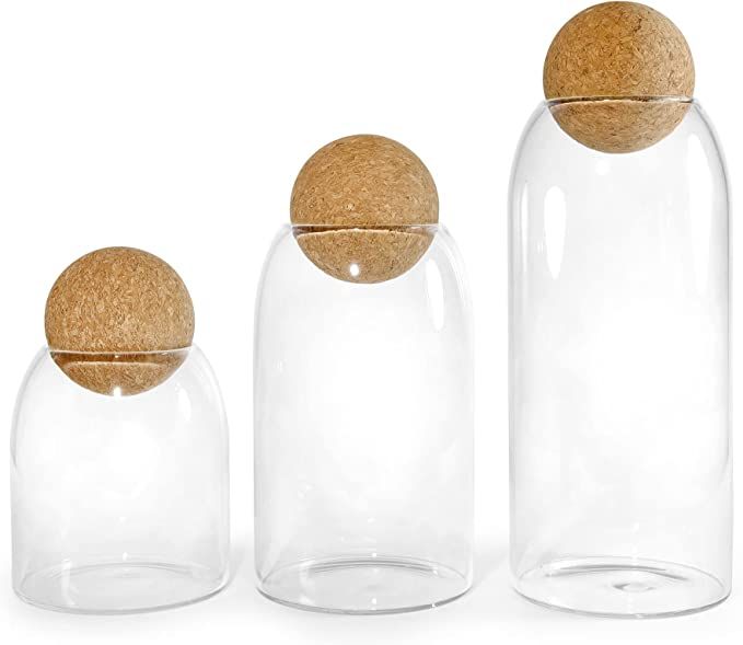 Glass Storage Jars with Cork Lid Ball 3 Pack, Clear Canisters with Air Tight Wood Cork Lid Sphere... | Amazon (US)