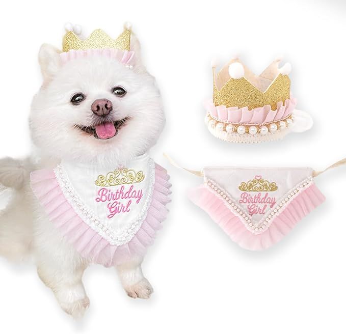 Girl Dog Birthday Hat Bandana kit,Princess Dog Birthday Decorations Girls with Crown for Cats Dog... | Amazon (US)