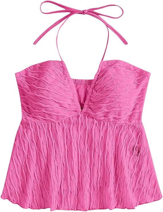 SHENHE Women's Tie Halter Neck Backless Ruffle Hem Sexy Peplum Crop Top Sleeveless Top | Amazon (US)