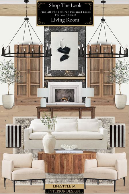 Modern Farmhouse Living Room Design. Round wood coffee table, contemporary end table, skirted white sofa, white upholstered accent chair, white terracotta vase, decorative book, faux olive plant stem, walnut wood console table, traditional rug, white table lamp, white tree planter pot, faux olive tree, tall wood display cabinets, black round wheel chandelier, black white modern wall art, candle holders, wood oak flooring.

#LTKsalealert #LTKhome #LTKstyletip