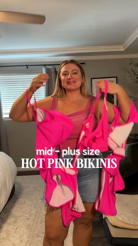 Hot pink bikinis from Amazon - wearing XL and 14 plus, TTS and size down if in between.

First suit has best band for support, but 2 and 3 are fine. I don’t fall out of any of them, but the first is the one I could run around in a bit more bc of the band support. First two have adjustable straps. None have an adjustable band. 

Swimsuits, swimwear, bathing suits, plus size, mid size, size 16, affordable, resort wear

#LTKplussize #LTKfindsunder50 #LTKswim