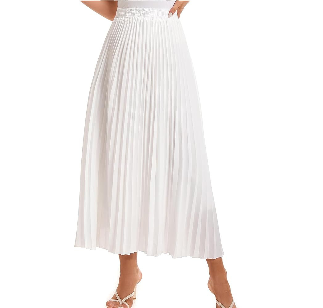 Womens Elastic High Waist Flowy Pleated Skirt Chiffon Swing A-line Beach Maxi Skirt | Amazon (US)