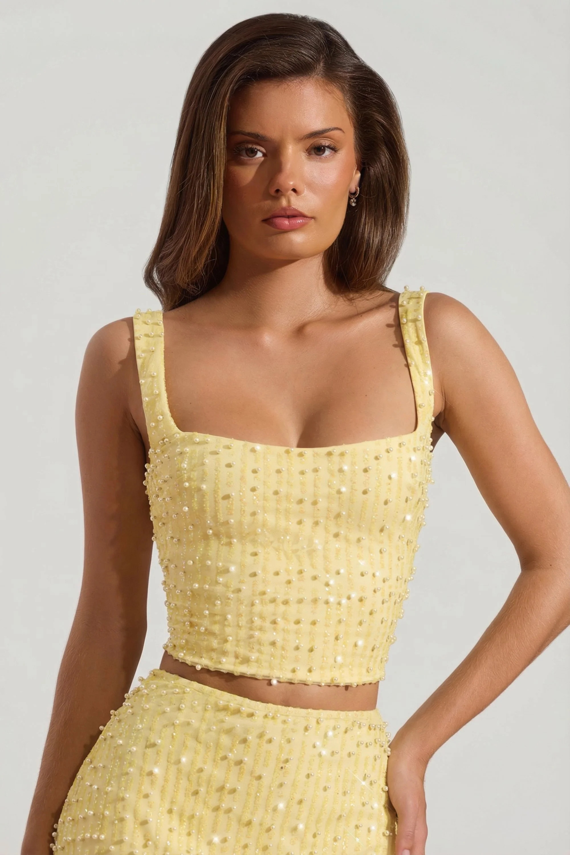 Embellished Square-Neck Crop Top in Yellow | Oh Polly