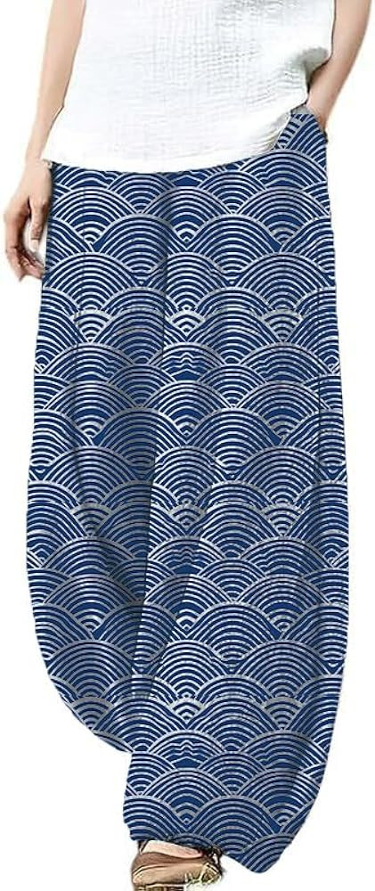 Cotton Linen Boho Casual Pants for Women Flowy Wide Leg High Waist Harem Pants Yoga Summer Comfy ... | Amazon (US)