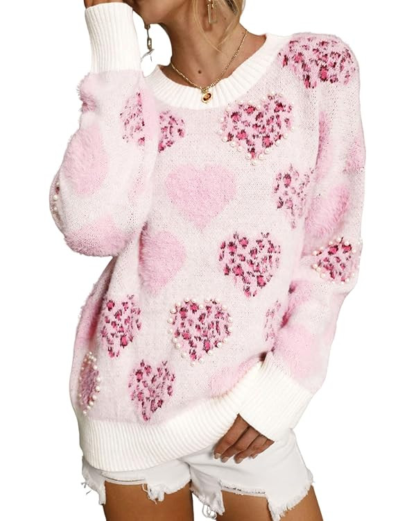 SELINK Women's Fuzzy Heart Sweater V Neck Pearl Drop Shoulder Casual Long Sleeve Valentines Sweat... | Amazon (US)